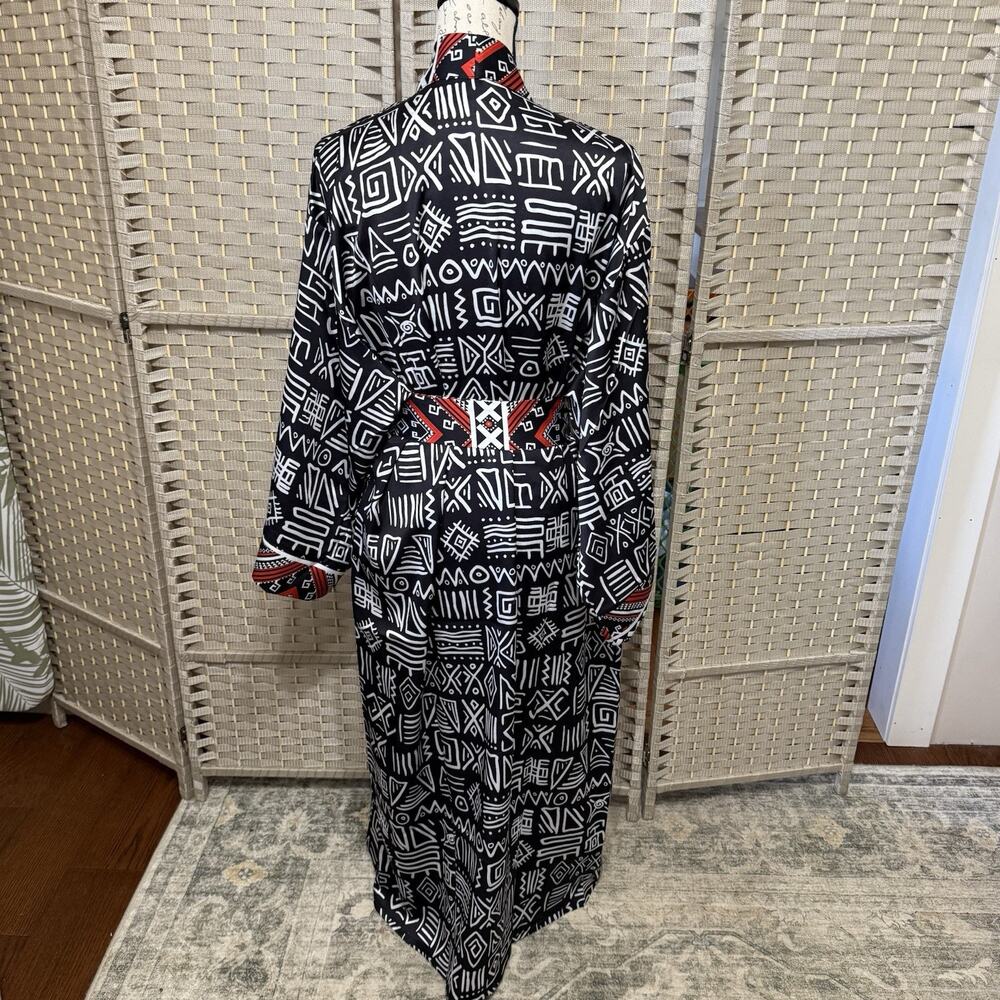 Amania Afrik Long Satin Robe Size S-L Black White Monaco African Print Pockets - Picture 4 of 11